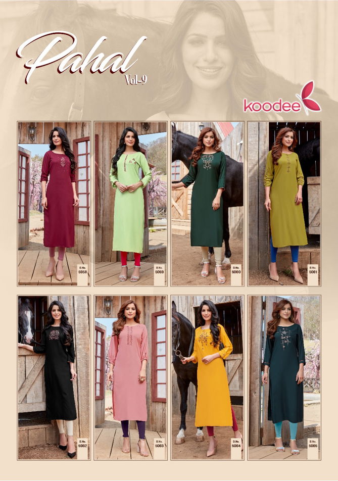 Koodee Pahal 9 Latest Fancy Designer Festive Wear Rayon Embroidery Straight Designer Kurtis Collection
